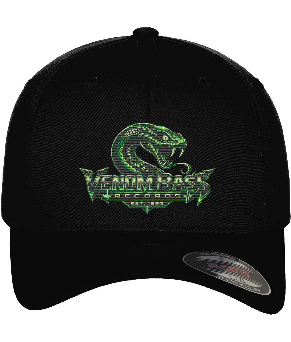 Black Flexfit baseball cap embroidered with the Venom Bass Records logo